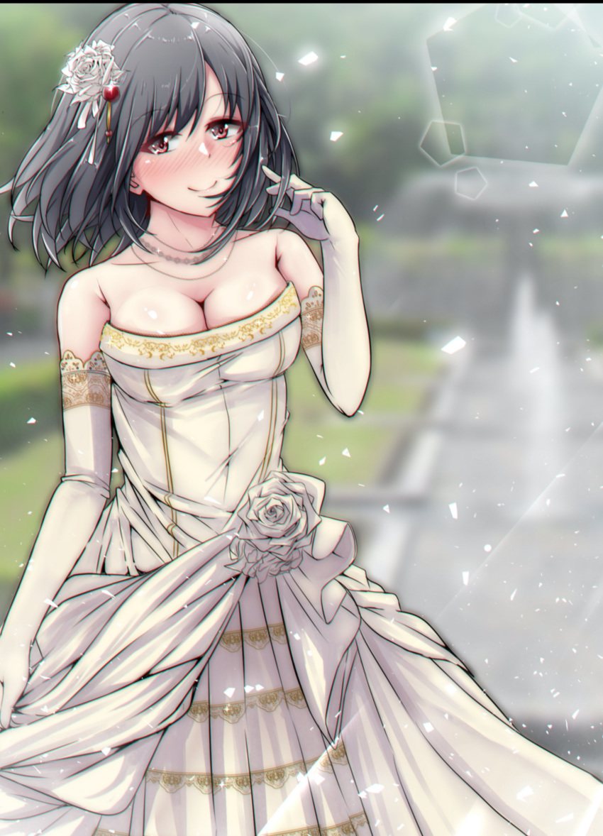 1girl absurdres alternate_costume black_hair blurry breasts cleavage commentary_request cowboy_shot depth_of_field dress elbow_gloves flower gloves highres jewelry kantai_collection lens_flare looking_at_viewer medium_breasts necklace red_eyes shohei_(piranha5hk) short_hair solo standing wedding_dress white_dress white_flower white_gloves yamashiro_(kantai_collection)