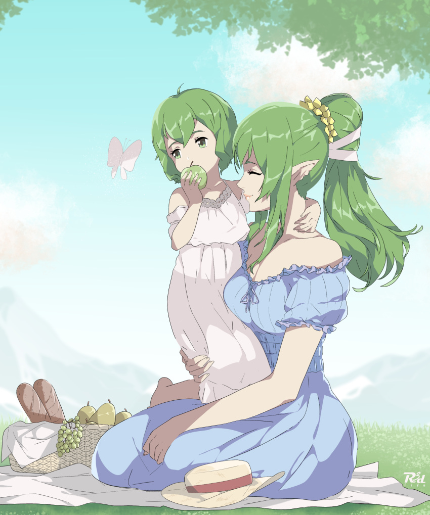 2girls apple artist_name bare_shoulders bread bug butterfly closed_eyes dress eating fire_emblem fire_emblem_awakening food fruit grapes green_apple green_eyes green_hair hat hat_removed headwear_removed highres insect morgan_(fire_emblem) morgan_(fire_emblem)_(female) mother_and_daughter multiple_girls pear picnic pointy_ears r3dfive sitting sitting_on_person smile tiki_(fire_emblem) tree