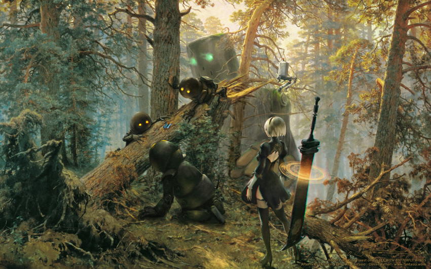 1girl animal black_blindfold black_hairband black_legwear blindfold boots bug butterfly fine_art_parody floating floating_weapon forest glowing glowing_eyes green_eyes hairband high_heels highres insect knee_boots landscape log morning_in_a_pine_forest moss nature nier_(series) nier_automata oliver_wetter orange_eyes outdoors painting parody pod_(nier_automata) robot short_hair standing sword thighhighs weapon white_hair yorha_no._2_type_b