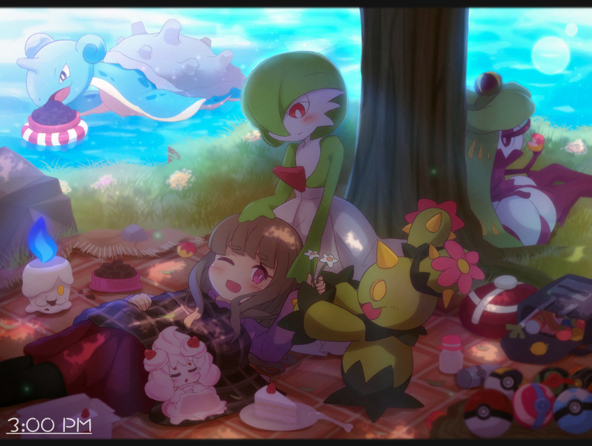 1girl ;d absurdres alcremie backpack bag bangs beret black_legwear blanket blush brown_hair cake closed_eyes commentary_request day dive_ball dusk_ball eating eyebrows_visible_through_hair feet_out_of_frame flower food fringe_trim gardevoir gen_1_pokemon gen_3_pokemon gen_5_pokemon gen_7_pokemon gen_8_pokemon green_hair hair_over_one_eye hat hat_removed headwear_removed heal_ball highres holding holding_flower huge_filesize lapras lifebuoy litwick long_sleeves luxury_ball lying maractus on_back one_eye_closed open_mouth outdoors pantyhose plate pleated_skirt poke_ball poke_ball_(generic) pokemon pokemon_(creature) pokemon_(game) pokemon_swsh profile purple_shirt red_eyes red_headwear red_skirt shirt short_eyebrows skirt slice_of_cake smile thick_eyebrows tree tree_shade tsareena ultra_ball water white_flower yuuri_(pokemon) yuya090602