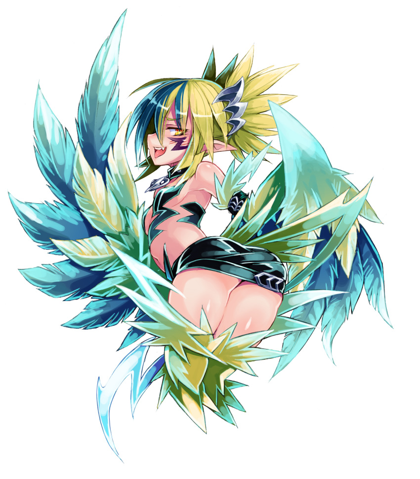 1girl :d absurdres bare_shoulders blonde_hair blue_hair breasts enty_reward fang folded_ponytail from_behind full_body harpy highres kenkou_cross looking_at_viewer looking_back miniskirt monster_girl monster_girl_encyclopedia multicolored_hair official_art open_mouth paid_reward pencil_skirt simple_background skirt small_breasts smile solo thunderbird_(monster_girl_encyclopedia) tongue tongue_out two-tone_hair white_background