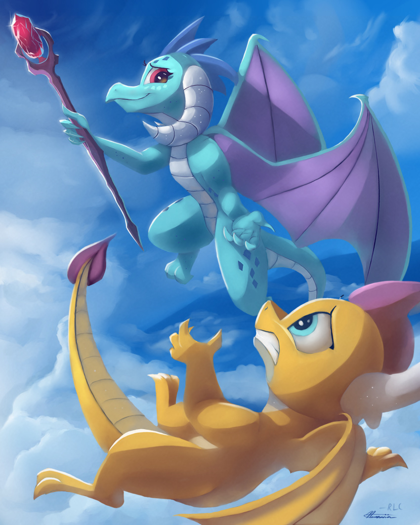2020 3_toes 4:5 4_fingers auroriia blue_eyes claws day detailed_background digital_media_(artwork) dragon female fingers flying friendship_is_magic hasbro hi_res horn membrane_(anatomy) membranous_wings my_little_pony outside princess_ember_(mlp) scales scalie sky smile smolder_(mlp) spines toes water western_dragon wings