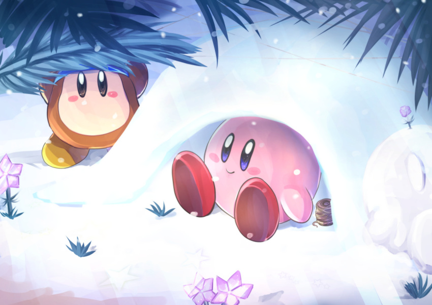 bandana_waddle_dee blue_eyes blush_stickers branch brown_eyes flower grass igloo kirby kirby_(series) konna-nani smile snow snow_shelter snowflakes snowman spool star_(symbol) string