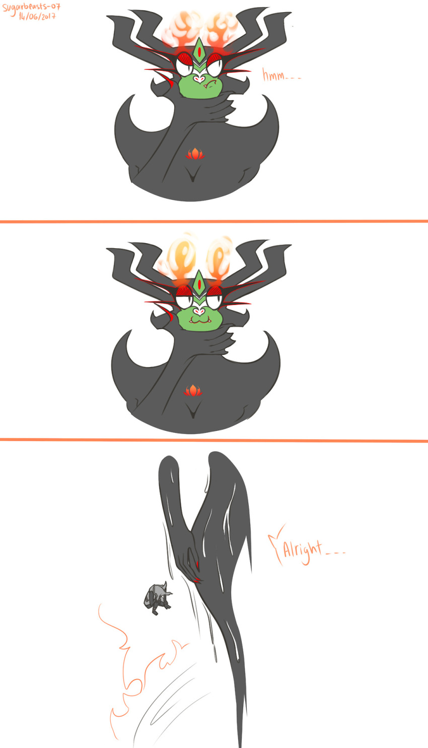 aku anon black_body breasts claws clothed clothing comic dialogue dialogue_box duo fangs female fire green_body hi_res humanoid male male/female multicolored_body samurai_jack simple_background smile thinking two_tone_body vipery-07 water white_background