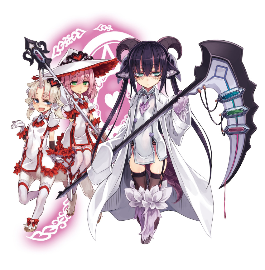 3girls :d alternate_costume animal_ears baphomet_(monster_girl_encyclopedia) blonde_hair blue_eyes breasts brown_legwear centaur character_request closed_mouth coat demon_girl dress dripping enty_reward green_eyes hat heart highres holding holding_scythe holding_weapon hooves horns horse_ears jitome kenkou_cross labcoat long_hair long_sleeves looking_at_viewer magic_circle monster_girl_encyclopedia multiple_girls official_art open_mouth paid_reward paws pink_hair purple_hair scythe simple_background single_horn small_breasts smile thighhighs twintails unicorn_(monster_girl_encyclopedia) very_long_hair weapon white_background white_coat white_dress white_headwear witch_hat