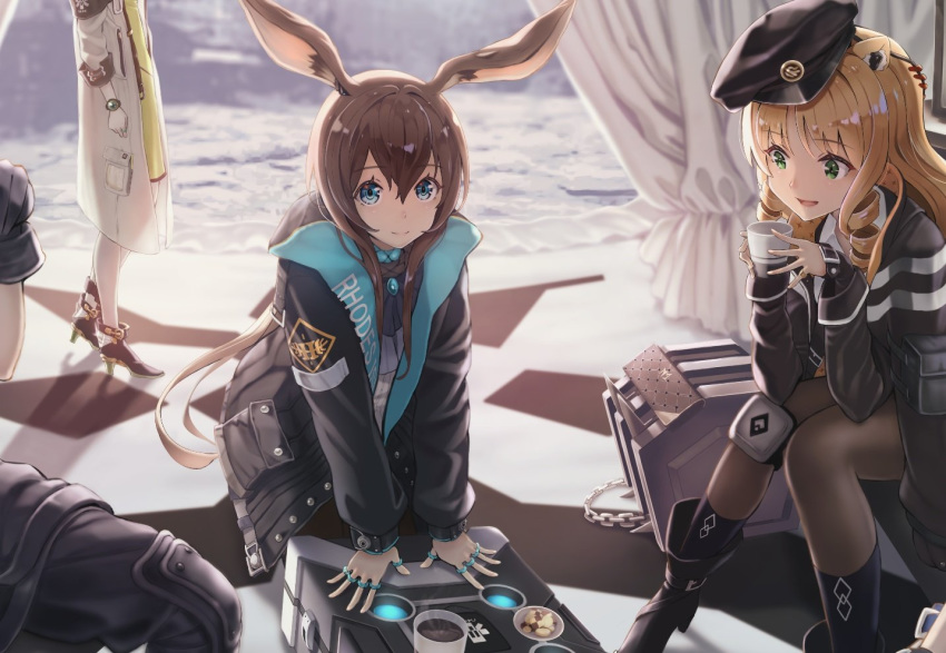 5girls amiya_(arknights) animal_ears arknights arm_pouch black_footwear black_gloves black_jacket blonde_hair blue_eyes blue_hair blue_jacket boots brown_hair bunny_ears cat_ears ch'en_(arknights) closed_mouth coffee_cup commentary_request cravat cup curtains disposable_cup dress drill_hair eyebrows_visible_through_hair food gloves green_dress green_eyes hat holding holding_cup hoshiguma_(arknights) hoshizaki_reita indoors jacket jewelry kal'tsit_(arknights) knee_guards knees_together_feet_apart leaning leaning_forward leaning_on_object long_hair long_sleeves looking_at_viewer multiple_girls multiple_rings open_mouth pantyhose ring seiza shoes short_sleeves sitting smile socks standing swire_(arknights) watch weapon_case white_jacket window wrist_guards