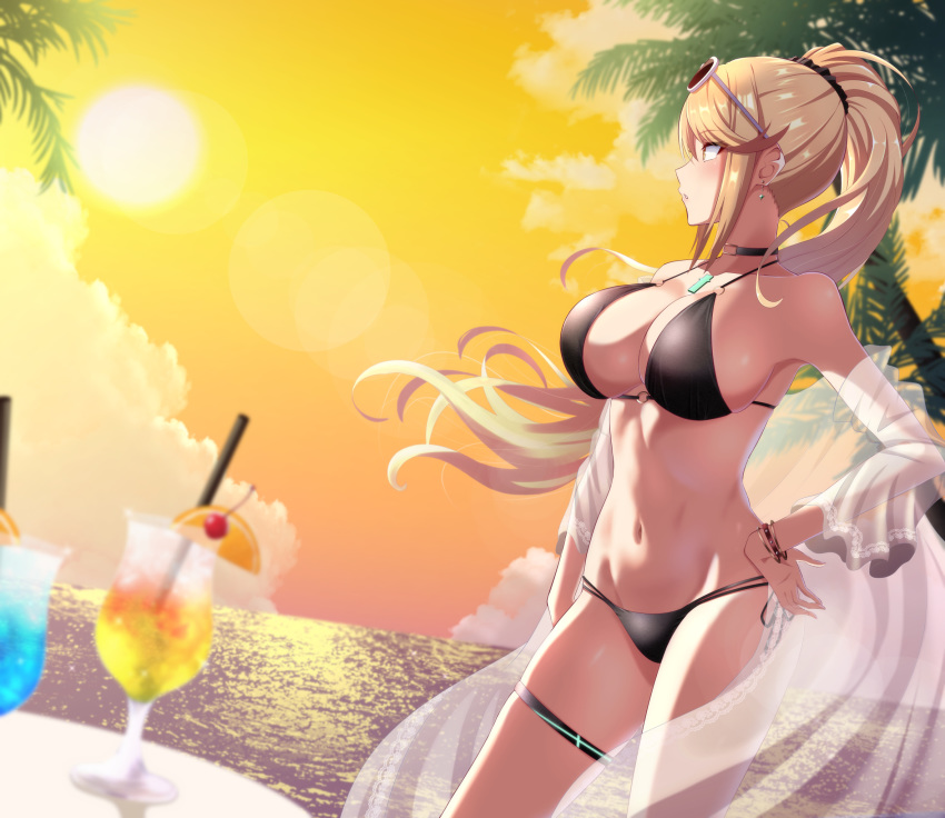 1girl bare_arms bare_shoulders bikini black_bikini black_choker black_scrunchie blonde_hair blurry_foreground breasts cherry choker cloud cup drink drinking_glass drinking_straw earrings eyewear_on_head floating_hair food from_side fruit hair_ornament hair_scrunchie highres hikari_(xenoblade_2) jewelry large_breasts lens_flare long_hair mebi_(mebieru) navel orange orange_sky orange_slice palm_tree ponytail scrunchie see-through sky solo standing stomach sun sunglasses sunset swimsuit table thigh_strap tree xenoblade_(series) xenoblade_2 yellow_eyes