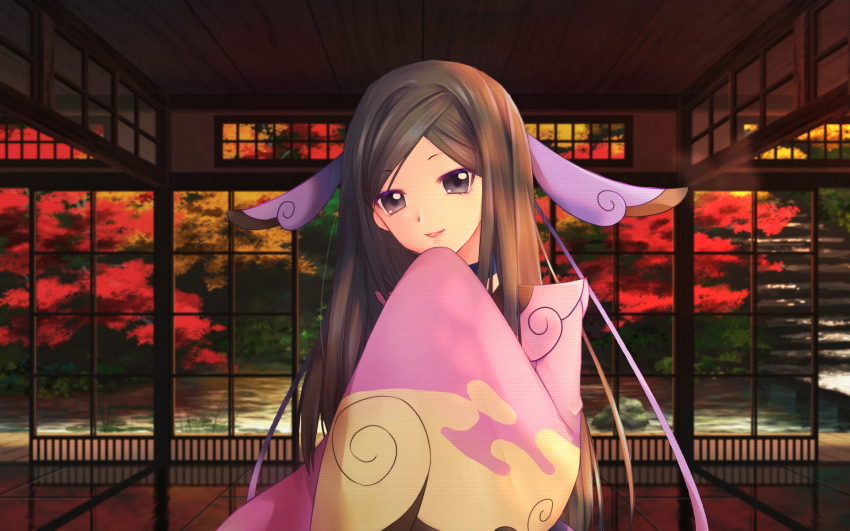 1girl :d architecture bangs black_choker black_hair chami_(charming621) choker commentary_request east_asian_architecture eyebrows_visible_through_hair furisode gym_leader hair_ornament highres indoors japanese_clothes kimono long_hair long_sleeves looking_at_viewer mache_(pokemon) open_mouth pink_kimono pokemon pokemon_(game) pokemon_xy print_kimono purple_eyes sidelocks sleeves_past_fingers sleeves_past_wrists smile solo tree upper_body very_long_hair wide_sleeves window