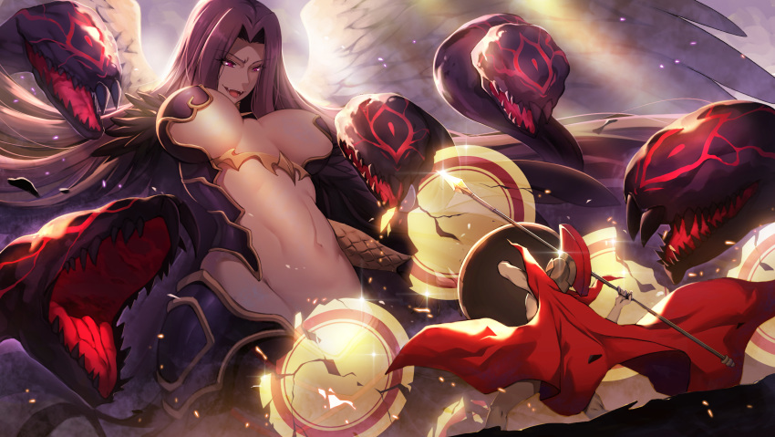 1boy 1girl breasts cape fangs fate/grand_order fate_(series) giantess glowing_shield gorgon_(fate) helmet highres large_breasts lens_flare leonidas_(fate/grand_order) monster monster_girl navel nekosama_shugyouchuu open_mouth polearm purple_hair red_cape red_eyes rider snake_hair spear stomach sunlight weapon wings