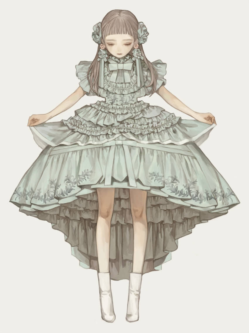 1girl bangs beige_background bow brown_hair closed_eyes closed_mouth dress frills green_dress green_neckwear highres long_hair original sakauchi_waka simple_background solo standing white_footwear