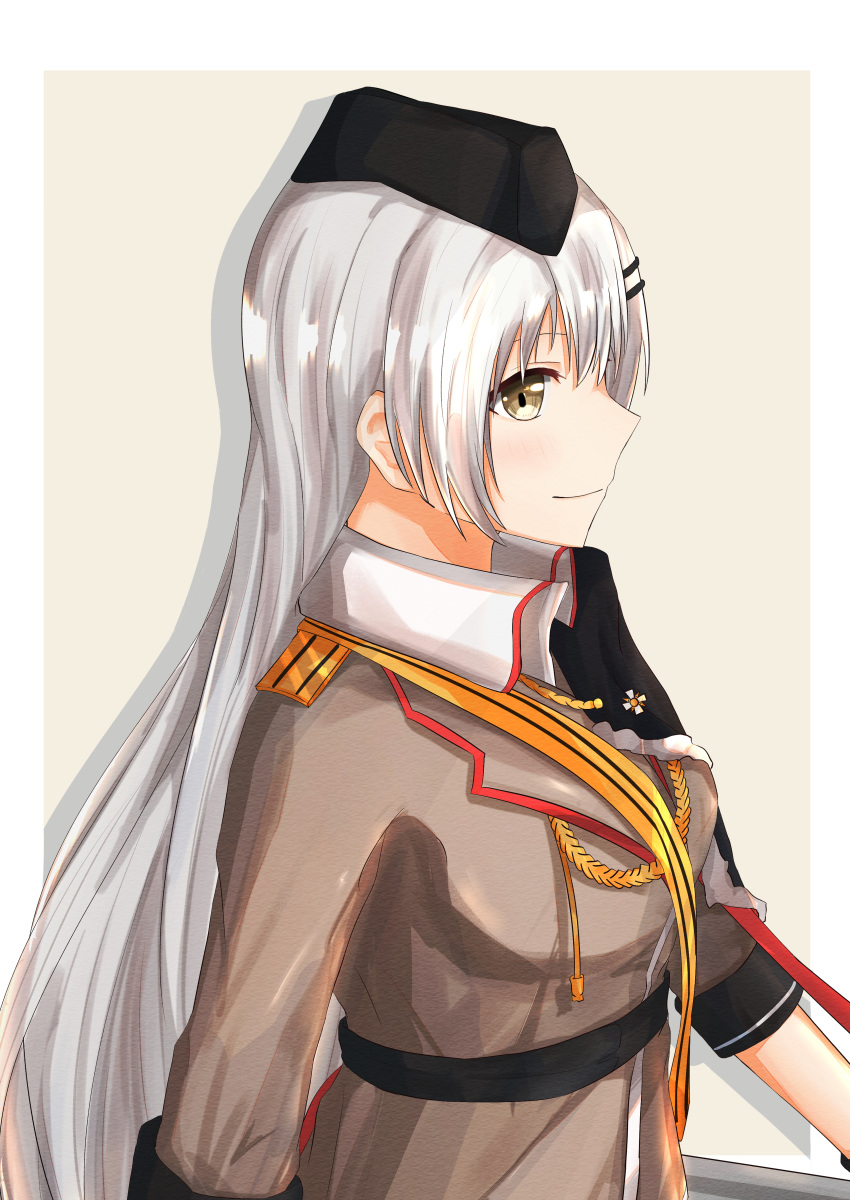 1girl absurdres barrette belt breasts brown_background brown_jacket girls_frontline grey_eyes grey_hair hat highres huge_filesize jacket long_hair looking_at_viewer military military_hat military_uniform profile shirt silver_hair smile solo svd_(girls_frontline) svd_fun tape uniform white_hair white_shirt