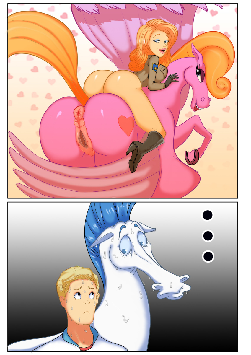 ... absurd_res anus big_butt bodily_fluids border breasts butt clothing comic demon disney equid equine female feral fred_jones genitals group hanna-barbera hercules_(disney) hi_res human looking_back male mammal oddrich open_mouth pegasus pegasus_(disney) pussy scooby-doo_(series) sweat white_border wings