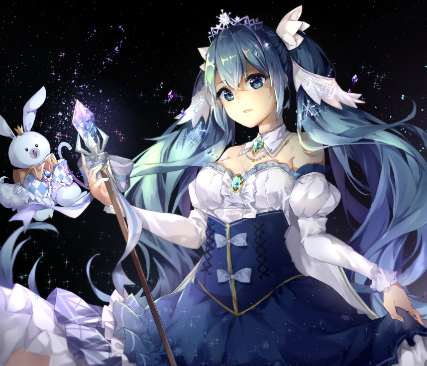 1girl amulet aqua_eyes aqua_hair bare_shoulders beamed_eighth_notes black_background blue_dress bunny cape commentary crown crystal detached_sleeves dress eighth_note framed frilled_dress frills glowing_crystal hatsune_miku highres hinamaru layered_dress long_hair musical_note musical_note_print neck_ruff open_mouth princess rabbit_yukine scepter skirt_hold snowflake_print tiara twintails very_long_hair vocaloid white_cape white_sleeves yuki_miku yuki_miku_(2019)