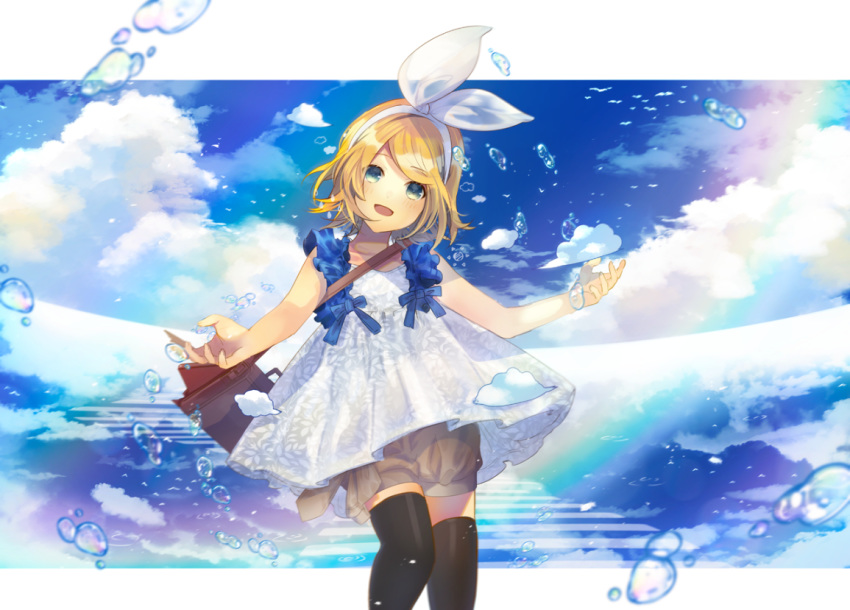 1girl aqua_eyes bag bangs black_legwear blonde_hair blue_sky bow cloud commentary cowboy_shot dress hair_bow head_tilt kagamine_rin looking_at_viewer ocean open_mouth outstretched_arms pantyhose rainbow short_hair shorts shoulder_bag sky smile solo soriku swept_bangs thighband_pantyhose vocaloid water_drop white_bow white_dress