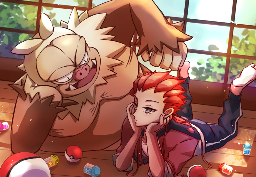 1boy barefoot black_pants commentary_request cosplay day feet gen_3_pokemon grey_eyes hand_on_own_head indoors jacket legs_up lying on_floor on_stomach pants poke_ball poke_ball_(generic) pokemon pokemon_(creature) pokemon_(game) pokemon_oras red_hair red_jacket royal_illust senri_(pokemon) senri_(pokemon)_(cosplay) shirt slaking soles toes white_shirt window wooden_floor