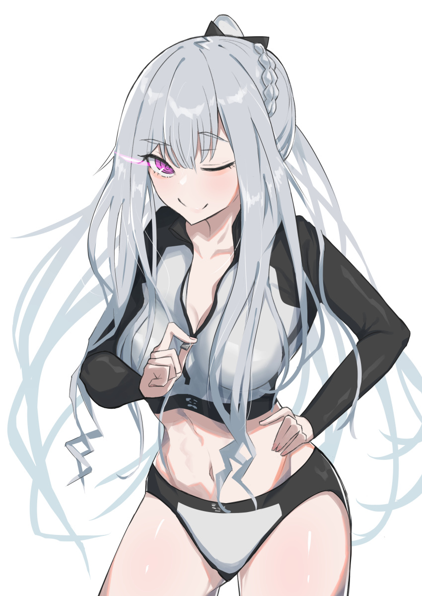 1girl absurdres ak-12_(girls_frontline) artificial_eye bangs braid breasts cleavage closed_mouth commentary_request crop_top eyebrows_visible_through_hair french_braid fuku00 girls_frontline glowing glowing_eyes hair_ribbon hand_on_hip high_ponytail highres large_breasts long_hair long_ponytail midriff navel one_eye_closed panties purple_eyes ribbon sidelocks silver_hair smile standing thighs underwear unzipping zipper zipper_pull_tab
