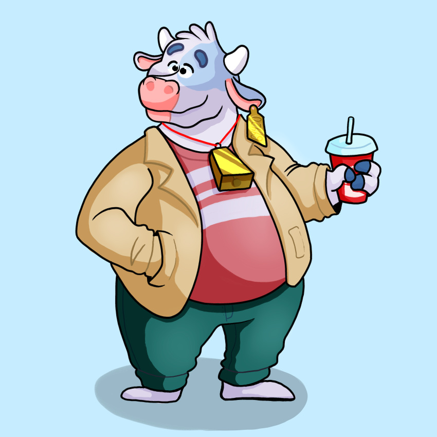 1:1 absurd_res anthro bovid bovine cattle clothed clothing digital_media_(artwork) fur hi_res male mammal overweight overweight_anthro overweight_male sibluself simple_background slightly_chubby smile solo