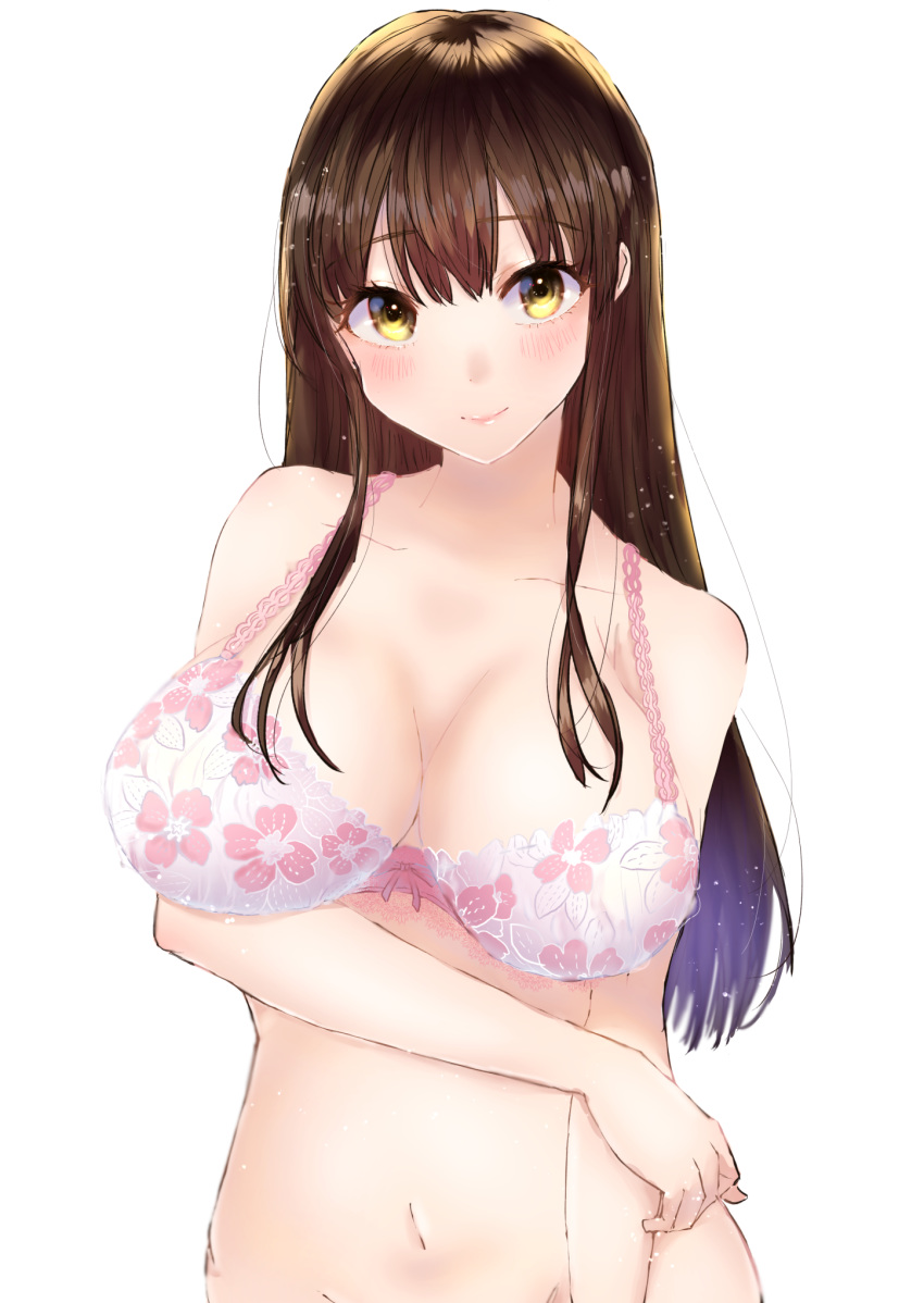1girl akagi_(kantai_collection) blush bra breasts brown_hair cleavage highres kantai_collection large_breasts long_hair looking_at_viewer midriff mochiko_(mocchikkoo) navel pink_bra simple_background smile solo straight_hair underwear underwear_only upper_body white_background yellow_eyes