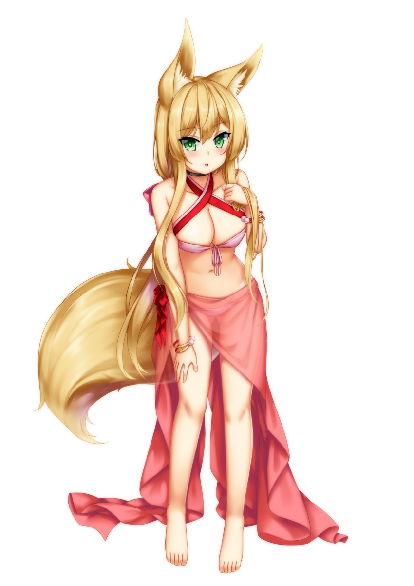 1girl :o animal_ear_fluff animal_ears bangle bare_arms bare_legs bare_shoulders barefoot bikini black_choker blonde_hair blush bow bracelet breasts choker cleavage collarbone commentary_request criss-cross_halter fox_ears fox_girl fox_tail front-tie_bikini front-tie_top full_body hair_bow halterneck hand_up highres himeka_chiyako jewelry long_hair looking_at_viewer medium_breasts minaha_(playjoe2005) original parted_lips pink_bikini red_bow sarong see-through simple_background solo standing swimsuit tail very_long_hair white_background