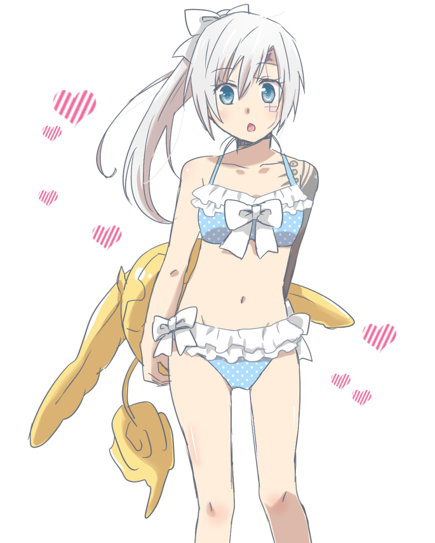 allen_walker bangs bikini blue_bikini blue_eyes bow breasts collarbone d.gray-man eyebrows_visible_through_hair facial_mark floating_hair genderswap genderswap_(mtf) groin hair_between_eyes hair_bow heart high_ponytail highres long_hair looking_at_viewer navel open_mouth pitsuuta polka_dot polka_dot_bikini shiny shiny_hair shiny_skin silver_hair sketch small_breasts swimsuit timcanpy white_bow