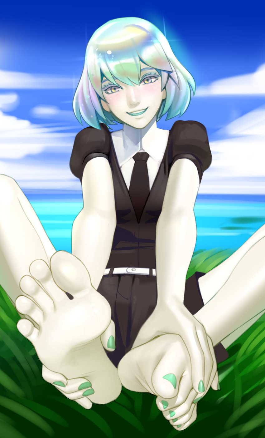 1girl absurdres androgynous black_neckwear black_skirt blue_sky blush commission crystal_hair day diamond_(houseki_no_kuni) feet flat_chest green_nails head_tilt highres holding_feet horizon houseki_no_kuni kairunoburogu looking_at_viewer multicolored multicolored_eyes multicolored_hair nail_polish necktie ocean outdoors pov_feet puffy_short_sleeves puffy_sleeves rainbow_eyes rainbow_hair short_hair short_sleeves skirt sky soles solo toenail_polish