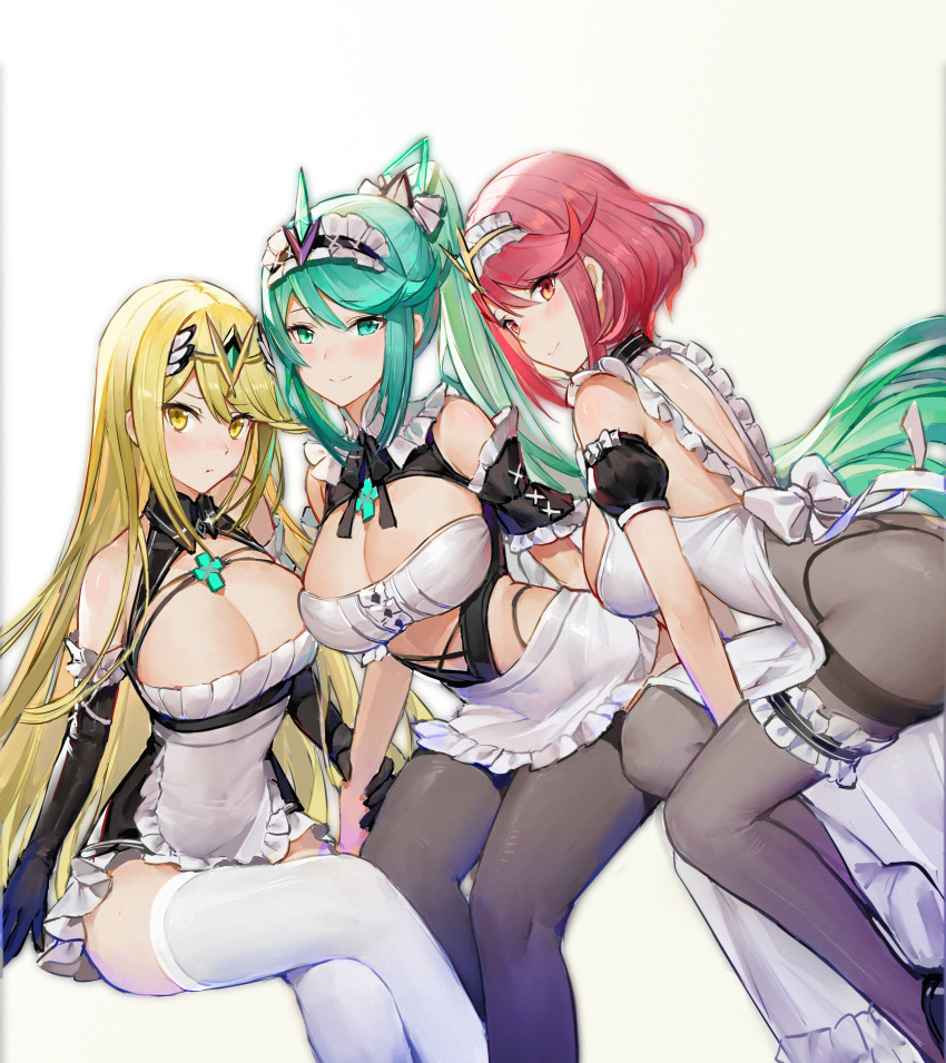 absurdres blonde_hair boku_koyuki_mx breasts green_eyes green_hair highres hikari_(xenoblade_2) homura_(xenoblade_2) large_breasts maid pantyhose pneuma_(xenoblade_2) red_eyes red_hair thick_thighs thighs xenoblade_(series) xenoblade_2 yellow_eyes