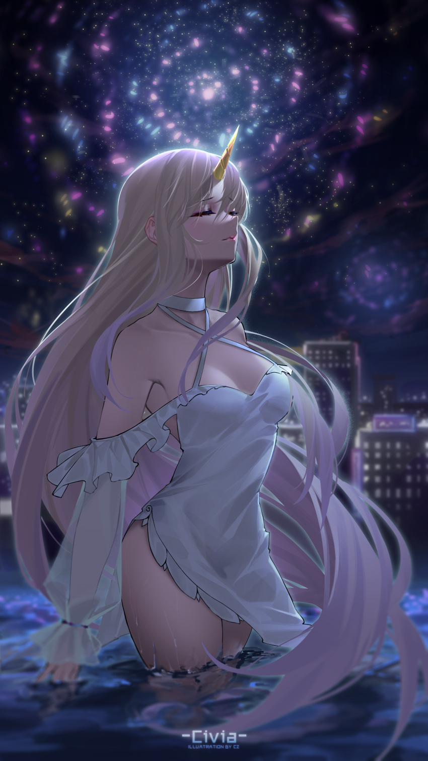 1girl absurdres artist_name bangs bare_shoulders breasts building character_name civia cleavage closed_eyes criss-cross_halter cz_(mikumikumi) dress eyebrows_visible_through_hair frilled_dress frills halter_dress halterneck highres hololive hololive_china horns long_sleeves medium_breasts night night_sky outdoors parted_bangs parted_lips pink_lips pool see-through short_dress single_horn sky solo star_(sky) starry_sky thighs virtual_youtuber wading water wet wet_clothes wet_dress white_dress