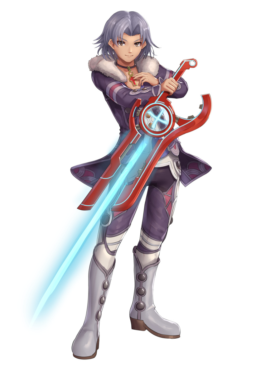 1boy alvis blue_hair boots brown_hair choker energy_sword fur_trim gonzarez highres holding holding_sword holding_weapon jewelry looking_at_viewer male_focus monado pants pendant reverse_grip silver_hair simple_background smile solo sword weapon white_background xenoblade_(series) xenoblade_1