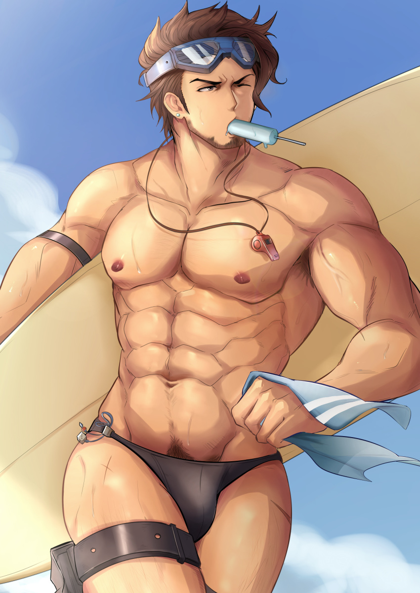 1boy abs absurdres aussummer bara beard body_hair brown_eyes brown_hair chest day diving_mask_on_head facial_hair food granblue_fantasy highres male_focus male_swimwear manly muscle nipples outdoors pectorals popsicle pubic_hair rackam_(granblue_fantasy) solo surfboard swimwear upper_body veins whistle