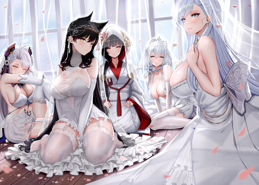 animal animal_ears anthropomorphism atago_(azur_lane) azur_lane belfast_(azur_lane) bird cake food foxgirl garter_belt group illustrious_(azur_lane) japanese_clothes kimono piukute062 prinz_eugen_(azur_lane) takao_(azur_lane) wedding_attire