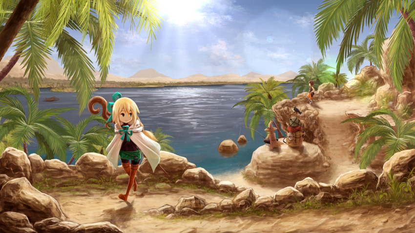 1girl 2boys backpack backpack_removed bag bird blonde_hair boots bow cloak commentary_request day distant fantasy fishing fishing_rod hair_bow hat highres horizon kiyukiakisasa lens_flare long_hair multiple_boys original outdoors palm_tree pantyhose river scenery staff thigh_boots thighhighs tree walking water witch_hat