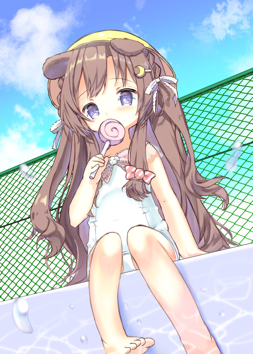 1girl absurdres animal_ears azur_lane barefoot blue_eyes braid brown_hair candy chain-link_fence child cloud commentary_request crescent crescent_hair_ornament dog_ears eating fence food fumizuki_(azur_lane) hair_ornament hairclip hat highres legs lollipop long_hair one-piece_swimsuit outdoors pinky_out poolside ribbon school_hat school_swimsuit sitting sky solo swimsuit toes very_long_hair water white_school_swimsuit white_swimsuit yellow_headwear yuru_(xxyuruxx)