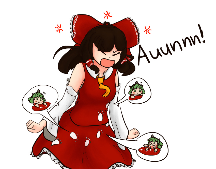 &gt;_&lt; anger_vein angry english_text hakurei_reimu highres komano_aun paw_print paws playing_with_paint red_clothes senatorsnowbear shouting touhou white_paint