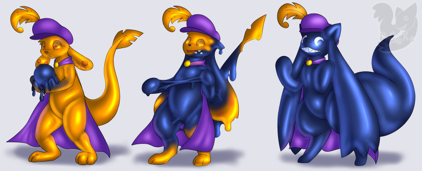 2017 absurd_res ambiguous_gender anthro big_ears big_tail blue_body bluebey cape clothing dark_body food food_creature goo_creature goo_transformation grin hat hayati headgear headwear hi_res incubator_(puella_magi) jell-o jelly jumpstart_games male neopet_(species) neopets orange_body orb posexe puella_magi rubber sequence sharp_teeth simple_background smile solo species_transformation surprise teeth transformation video_games zafara_(neopets)