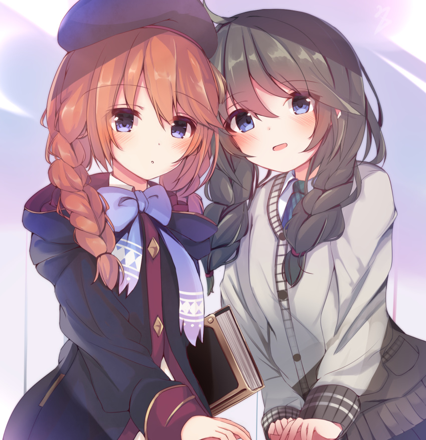 2girls :o ahoge bangs beret black_coat blue_bow blue_neckwear blush book bow braid brown_hair cardigan coat collared_shirt diagonal-striped_neckwear diagonal_stripes eyebrows_visible_through_hair grey_cardigan hair_between_eyes hair_over_shoulder hat highres hood hood_down hooded_coat long_hair long_sleeves looking_at_viewer low_twintails misukon multiple_girls necktie parted_lips princess_connect! princess_connect!_re:dive purple_eyes purple_headwear shirt sleeves_past_wrists smile striped striped_neckwear twin_braids twintails white_shirt yuni_(princess_connect!)