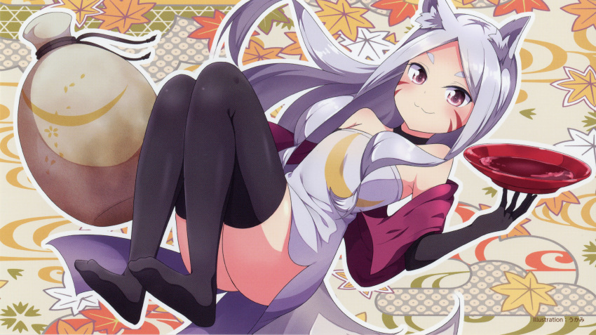 1girl absurdres animal_ear_fluff animal_ears bare_shoulders black_choker black_gloves black_legwear choker crescent_print cup dress elbow_gloves end_card facial_mark fox_ears fox_girl fox_tail gloves highres knees_up leaf long_hair official_art purple_eyes red_eyes sakazuki sewayaki_kitsune_no_senko-san shiro_(sewayaki_kitsune_no_senko-san) short_eyebrows side_slit silver_hair smile solo strapless strapless_dress tail thick_eyebrows thighhighs tube_dress ukami whisker_markings white_dress