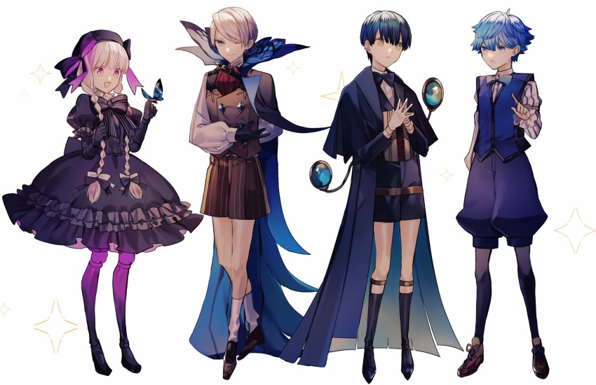 1girl 3boys albino_(a1b1n0623) alternate_hairstyle bangs black_bow black_dress black_gloves black_hair black_headwear blue_eyes blue_hair bow bowtie braid bug butterfly dress eyebrows_visible_through_hair facial_hair fate/extra fate/grand_order fate_(series) formal gloves green_eyes grey_hair hair_between_eyes hair_over_one_eye hans_christian_andersen_(fate) hat highres insect jacket james_moriarty_(fate/grand_order) long_hair long_sleeves magnifying_glass male_focus multiple_boys nursery_rhyme_(fate/extra) open_mouth purple_eyes ribbon sherlock_holmes_(fate/grand_order) shorts smile twin_braids vest white_hair younger