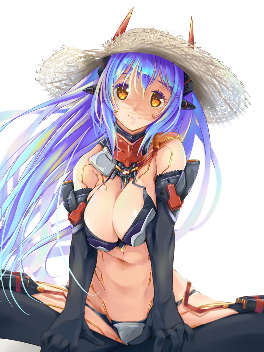 1girl absurdres android bikini breasts butterfly_sitting elbow_gloves gloves hana_(xenoblade) hana_jd hat highres large_breasts long_hair looking_at_viewer onigiri_(artist) orange_eyes purple_hair simple_background sitting smile solo sun_hat swimsuit thighhighs white_background xenoblade_(series) xenoblade_2
