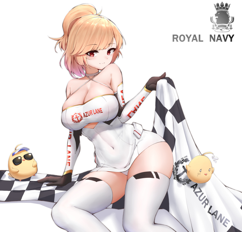 1girl azur_lane bangs bare_shoulders black_gloves blonde_hair breasts choker cleavage closed_mouth commentary_request covered_navel detached_sleeves dress english_text eyebrows_visible_through_hair gloves halterneck highres kafeifeifeifeifeifei_jiemo_jun large_breasts long_sleeves looking_at_viewer manjuu_(azur_lane) navel panties ponytail prince_of_wales_(azur_lane) prince_of_wales_(the_laureate's_victory_lap)_(azur_lane) race_queen red_eyes short_hair short_ponytail simple_background sitting smile solo swept_bangs thighhighs underboob_cutout underwear white_background white_dress white_legwear white_panties