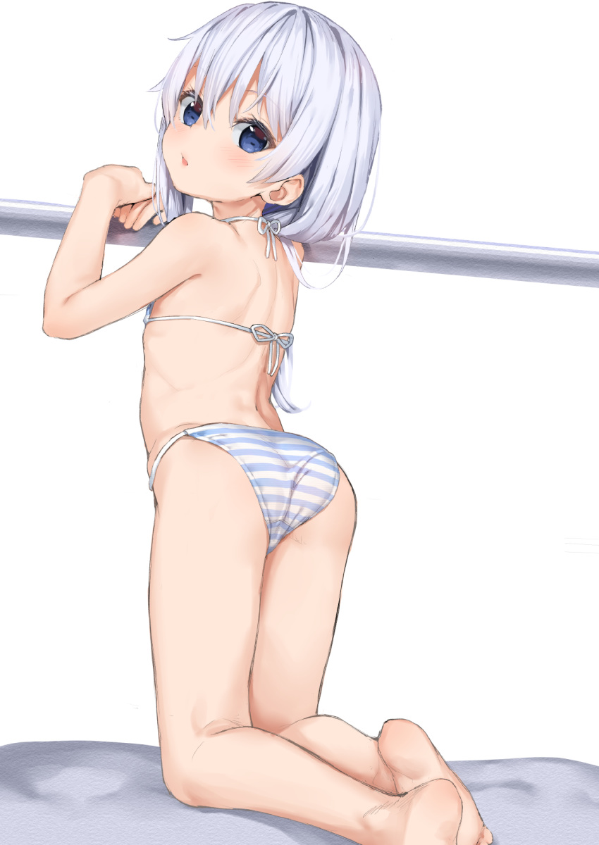 1girl aruma_(sawayaka_tokuko_miruku) ass balance_bar barefoot bikini blue_eyes from_behind hibiki_(kantai_collection) highres horizontal_bar kantai_collection kneeling long_hair looking_at_viewer looking_back micro_bikini silver_hair simple_background solo striped striped_bikini swimsuit white_background