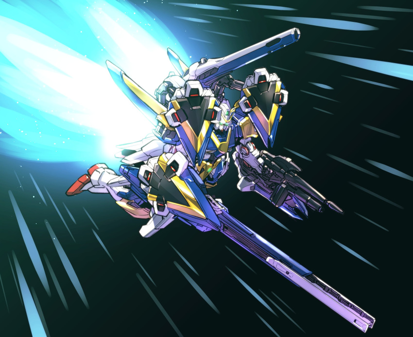 beam_rifle commentary energy_gun flying green_eyes gun gundam highres holding holding_gun holding_weapon ishiyumi looking_ahead mecha no_humans railgun shield shoulder_cannon solo space v2_gundam victory_gundam weapon