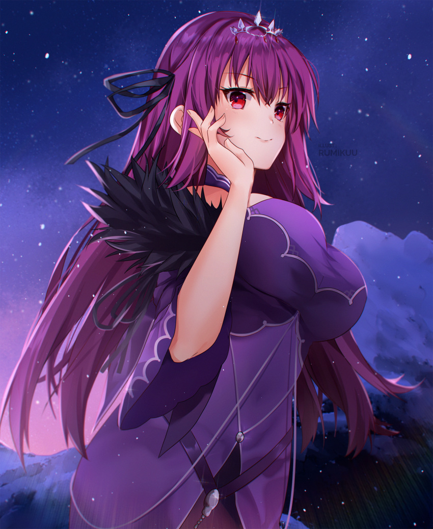 1girl artist_name breasts dress eyebrows_visible_through_hair fate/grand_order fate_(series) feather_trim hair_between_eyes headpiece highres k-rumi large_breasts long_hair looking_at_viewer purple_dress purple_hair red_eyes ribbon scathach_(fate)_(all) scathach_skadi_(fate/grand_order) smile solo tiara