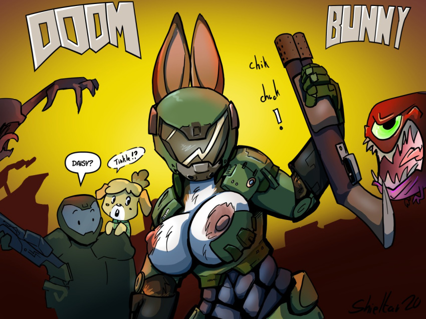 4:3 animal_crossing anthro armor athletic athletic_female battle_damage big_breasts breasts cacodemon_(doom) canid canine canis daisy_(doom) domestic_dog doom_(series) doom_guy double_barrel_shotgun exposed_breasts female gun human humanoid id_software isabelle_(animal_crossing) lagomorph leporid male mammal nintendo nipples rabbit ranged_weapon shieltar shotgun toy_dog video_games weapon