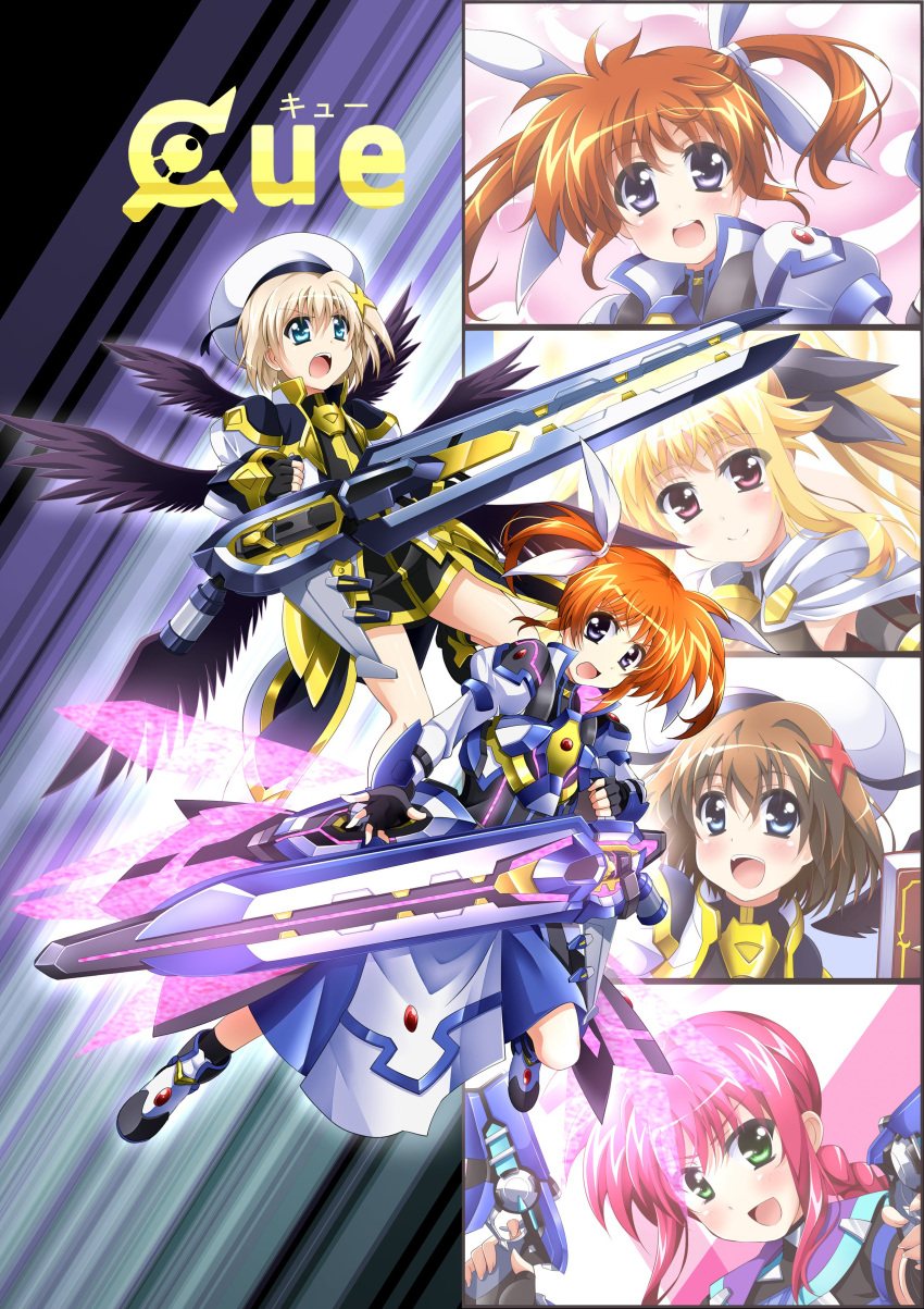 5girls :d absurdres amitie_florian armor armored_dress black_dress black_gloves black_ribbon black_wings blonde_hair blue_eyes blue_jacket boots braid braided_ponytail brown_hair cape closed_mouth commentary_request cover cover_page cropped_jacket doujin_cover dress fate_testarossa feathered_wings fingerless_gloves floating frown gloves green_eyes gun hair_ornament hair_ribbon highres holding holding_gun holding_weapon jacket juliet_sleeves long_dress long_sleeves lyrical_nanoha magical_girl mahou_shoujo_lyrical_nanoha_reflection multiple_girls multiple_wings open_mouth puffy_sleeves red_eyes red_hair ribbon short_dress single_braid smile strike_cannon takamachi_nanoha tome_of_the_night_sky twintails unison variant_zapper weapon white_cape white_dress white_footwear white_jacket white_ribbon wings x_hair_ornament yagami_hayate yorousa_(yoroiusagi)