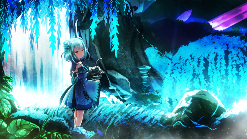 1girl ark_survival_evolved crystal detached_sleeves double_bun forest glowing green_hair highres hololive looking_at_viewer namako_(namacotan) nature night rock solo standing uruha_rushia virtual_youtuber