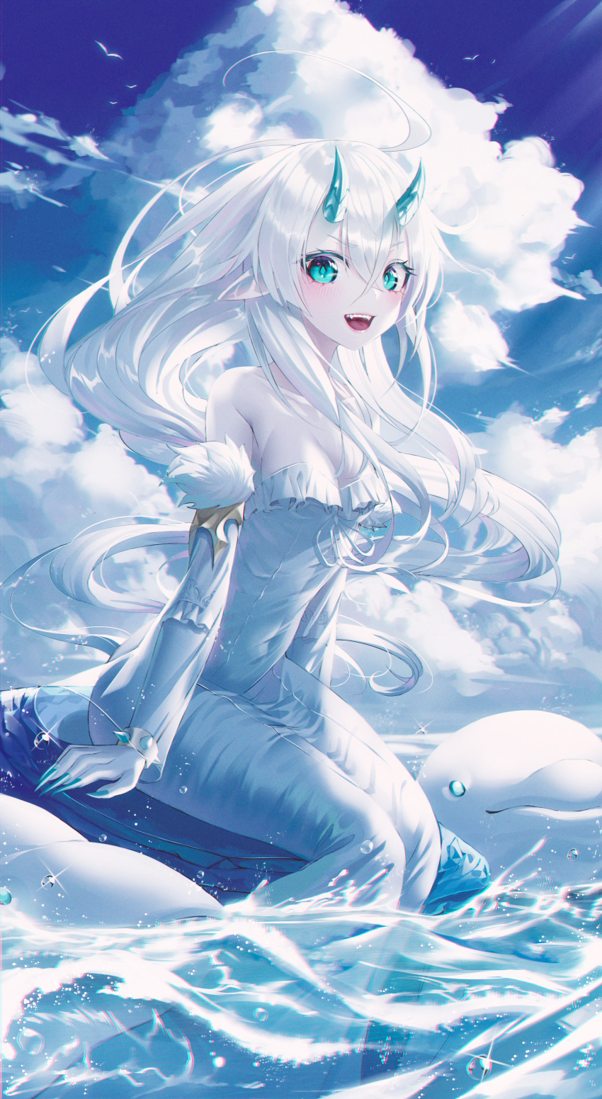 1girl :d absurdres ahoge animal aqua_eyes bangs blue_nails blush bracelet breasts cleavage cloud cloudy_sky colored_eyelashes covered_navel day detached_sleeves dolphin dress fingernails frilled_dress frills fur-trimmed_sleeves fur_trim hair_between_eyes highres horns huge_filesize jewelry light_rays long_fingernails long_hair long_sleeves looking_at_viewer okazu_(eightstudio) on_rock open_mouth original outdoors pale_skin pointy_ears rock see-through sharp_fingernails silver_hair sitting sky small_breasts smile soaking_feet solo sparkle spiked_bracelet spikes strapless strapless_dress sunbeam sunlight upper_teeth v-shaped_eyebrows very_long_hair water water_drop wet wet_clothes wet_dress