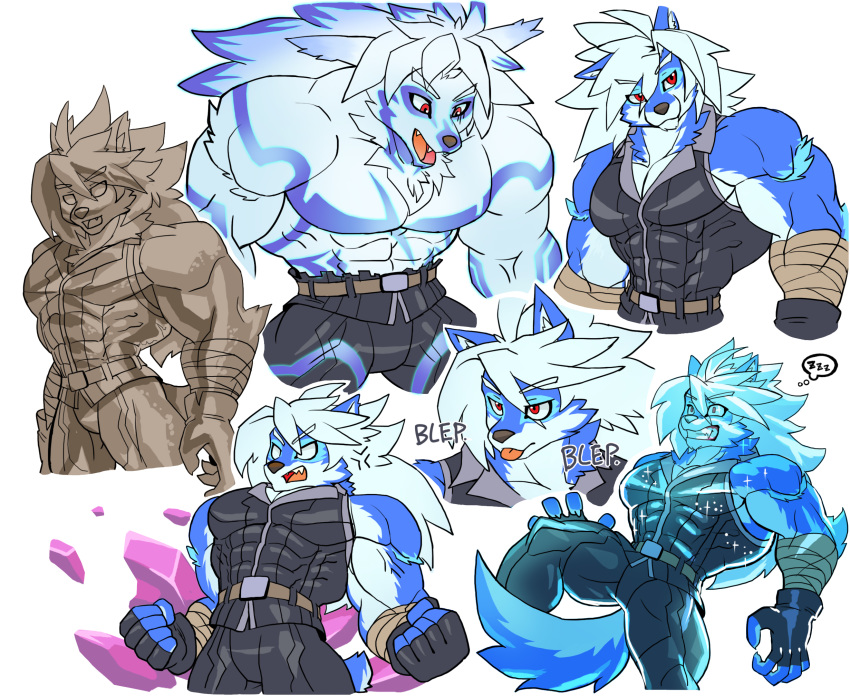 2020 abs anthro belt biceps blue_body blue_fur canid canine canis cheong_hwan clothed clothing digital_media_(artwork) fingerless_gloves fur gloves hair handwear hi_res male mammal multicolored_body multicolored_fur muscular muscular_anthro muscular_arms muscular_male pecs simple_background solo white_body white_fur wolf wolfmalro