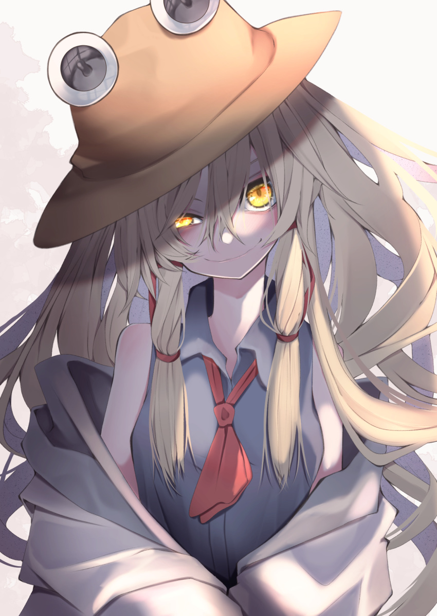 ascot backlighting bangs blonde_hair closed_mouth collared_shirt commentary_request fall_dommmmmer floating_hair glowing glowing_eyes hair_between_eyes hair_ribbon half-closed_eye hat head_tilt highres long_hair looking_at_viewer moriya_suwako off_shoulder pyonta red_neckwear red_ribbon ribbon shirt sidelocks sleeveless sleeveless_shirt smile tied_hair touhou upper_body wide_sleeves yellow_eyes