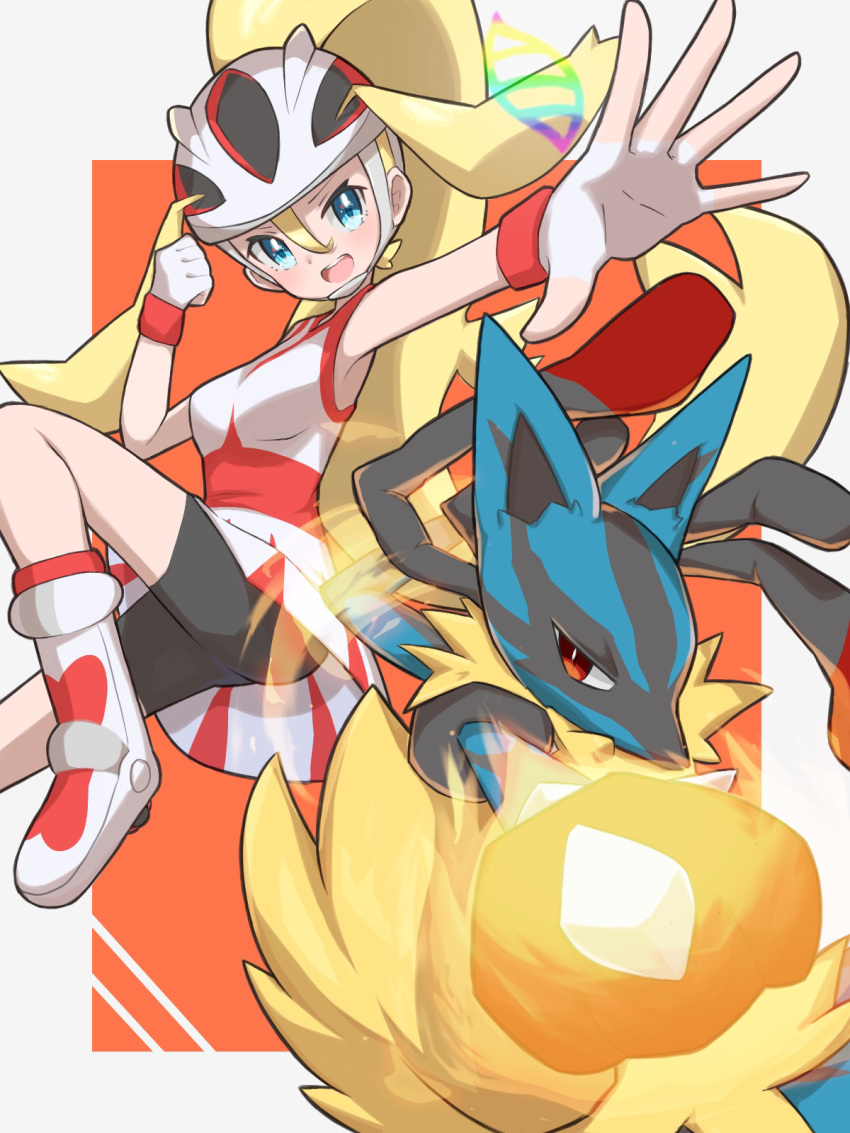 1girl bangs bike_shorts black_shorts blonde_hair blue_eyes blush commentary_request dress gen_4_pokemon gloves hair_between_eyes hand_up helmet highres koruni_(pokemon) long_hair lucario mega_lucario mega_pokemon nuneno open_mouth outstretched_arm pokemon pokemon_(anime) pokemon_(creature) pokemon_xy_(anime) roller_skates shorts skates spread_fingers teeth tongue two-tone_background upper_teeth white_gloves