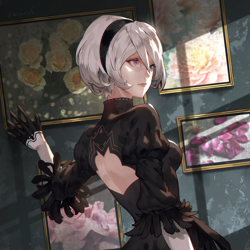 1girl alternate_color back_cutout black_dress black_hairband blue_eyes cleavage_cutout dress dutch_angle feather-trimmed_sleeves from_behind gloves hairband highres jiro_(ninetysix) juliet_sleeves long_sleeves mole mole_under_mouth nier_(series) nier_automata no_blindfold picture_frame puffy_sleeves shadow silver_hair wall yorha_no._2_type_b